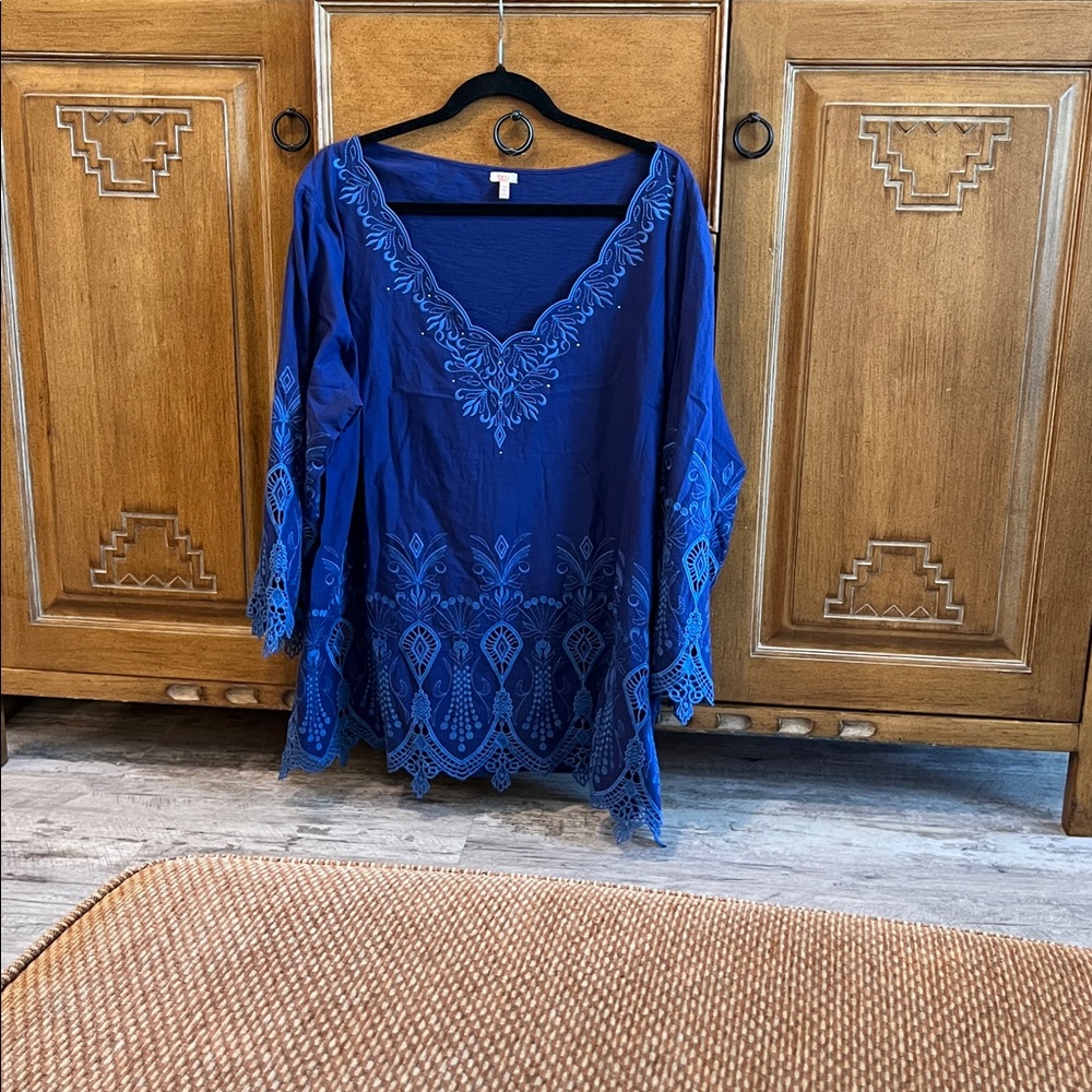 Reba Woman Blue 3X Boho Embroidered Lace Hem Peasant Blouse Top